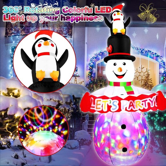 8 FT Christmas Inflatables Colorful Snowman with Penguin& Colorful Rotating LED - Picture 4 of 7